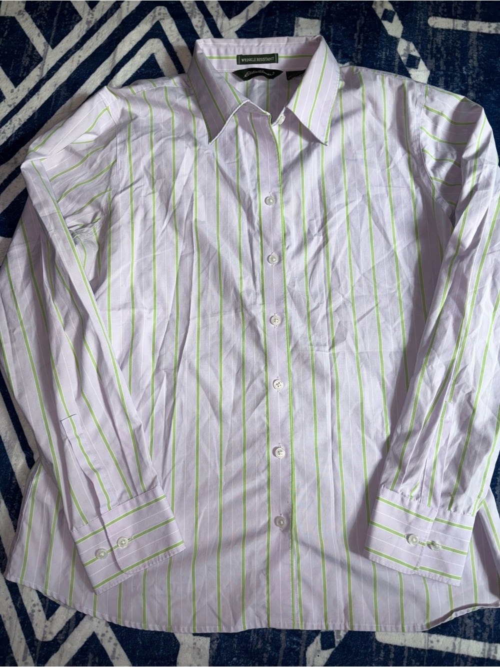 Eddie Bauer Lavender Button-Down Shirt with Lime Stripes